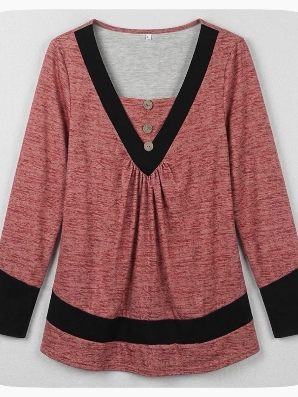 Pleated Front Button Splice Accent V-Neck Top, Women’s L, Burnt Orange Black